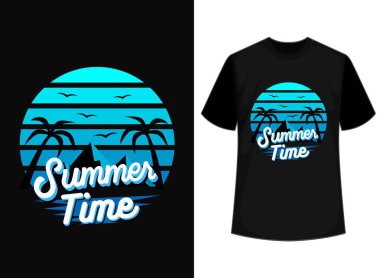 Yaz zamanı - tişört ve diğer baskı ürünleri için klasik grafik tarzında vektör illüstrasyonu. Avuçlar, el sallama ve kuşların yaratıcı logo rozeti. Yaz tatili kavramı. Tasarım ögeleri.