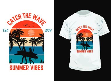  Dalga yaz titreşimlerini yakalayın. Tatil tişörtü tasarımı.