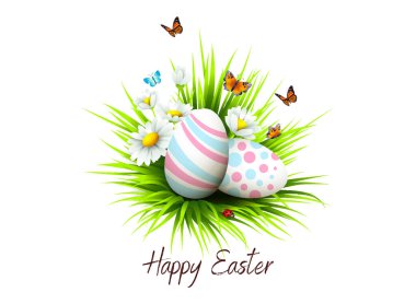 Merhaba yumurta ve yapraklı Paskalya şablonu, Paskalya, paskalya, el çizimi tasarımı, modern Paskalya fırçası kaligrafisi, stok vektör tipografi etiketi EPS 10 izole edilmiş