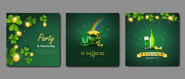 St. Patrick\'s Day set of flyers brochures, invitation to a holiday, corporate holiday. a leprechaun hat, a shamrock, a pot of gold coins, a rainbow, on a dark green background. illustration.