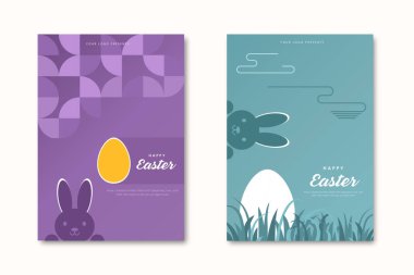 Mutlu Paskalyalar. Örnekler. Modern geometrik soyut tarz. Bir dizi Paskalya çizimi. Paskalya yumurtası, tavşan. Poster, kapak ya da kartpostal için mükemmel..