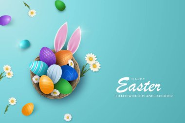 Paskalya posteri ve afiş şablonu açık yeşil arka planda Paskalya yumurtaları ile birlikte. Paskalya Günü için düz stil içinde selamlar ve hediyeler. Paskalya için tanıtım ve alışveriş şablonu.