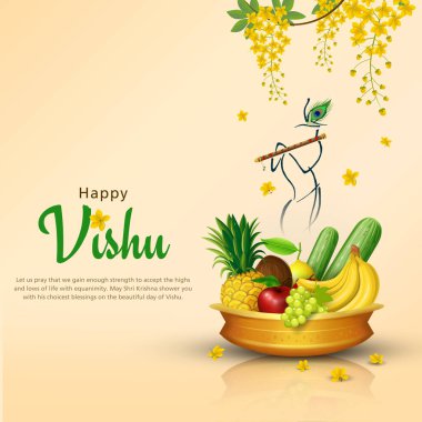 Mutlu Vishu selamları. 14 Nisan Kerala Festivali 'nde Vishu Kani, vishu çiçeği meyveleri ve sebzeler bronz bir kapta. vektör çizimi tasarımı