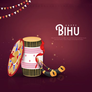 Kuzey Hindistan Assamese Yeni Yılı (ve hasat) festivali Rongali (Bohag) Bihu için gamosa, japi (bambu şapka) ve pepa (korna) ile süslenmiş davul (dhol, onoinya) ile karşılama arka planı. Vektör.