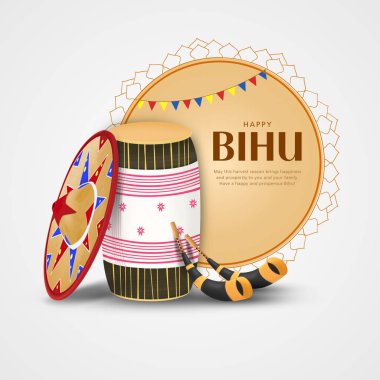 Kuzey Hindistan Assamese Yeni Yılı (ve hasat) festivali Rongali (Bohag) Bihu için gamosa, japi (bambu şapka) ve pepa (korna) ile süslenmiş davul (dhol, onoinya) ile karşılama arka planı. Vektör.
