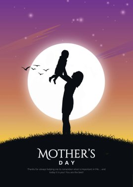 Anneler günü kartpostalında anne ve çocuk özgeçmişi var. Kutlama kartı tasarımı için kalp şeklinde sevgi sembolleri