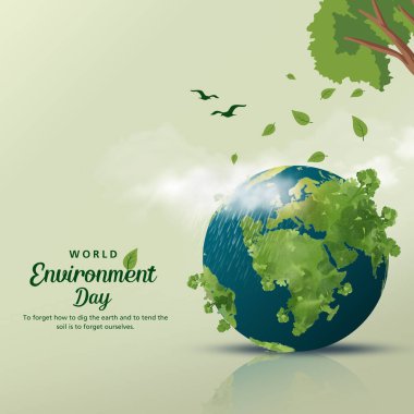 Only One Earth- World Environment day concept 3d design. Happy Environment day, 05 June. World map with Environment day text 3d background illustration.