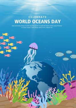 Okyanuslarımızı kurtaralım. Su altı okyanusu, yunus, köpekbalığı, mercan, deniz bitkileri, vatoz ve kaplumbağa içeren dünya okyanusları gündüz tasarımı