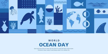 Sualtı okyanusu, parlak mercan, deniz bitkileri, mozaik desenli vatoz ve kaplumbağa ile Mutlu Dünya Okyanuslar Günü arka planı. Vektör İllüstrasyonu