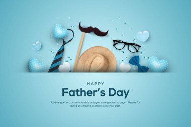 Babalar Günü posteri ya da afişi mavi arka planda kravat ve bıyıklı. Babalar Günü için düztablosu düzleştirilmiş hediyeler. Sevgi ve alışveriş şablonu baba için.