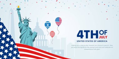 4 Temmuz Bağımsızlık Günü posteri, afiş, el ilanı, arka plan, şablon, selamlama, ABD bayrağı sallama kurdelesi, kiraz kuşu süslemesi ve arka planda Amerika 'nın ünlü simgeleri..