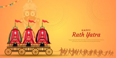 Happy Rath Yatra holiday background celebration for Lord Jagannath, Balabhadra and Subhadra.Vector illustration clipart