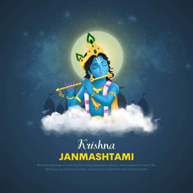Janmashtami festival vektörü Lord Krishna flüt vektör illüstrasyon arka plan, pankart, dijital posta, poster ve kart tasarımı oynuyor