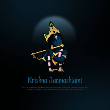 Lord Krishna 'nın flüt çaldığı Janmashtami metni ve arkaplanlı Dahi Handi vektör illüstrasyonu, Hint festivali Janmashtami kutlama afişi, dijital posta, poster ve kart tasarımı.