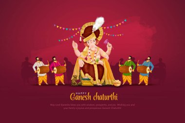 Lord Ganpati aagman with dhol tasha on Ganesh Chaturthi background. abstract illustration design clipart