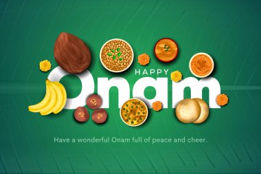 Kerala festivali Happy Onam arka planında muz yaprağında servis edilen geleneksel yemek (onasadya). soyut çizim tasarımı.