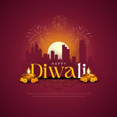 Diya Lambalı Mutlu Diwali Posteri, İllüstrasyon. Hint Işık Festivali Tasarım. Tebrik kartı, bayrak, el ilanı için uygun.