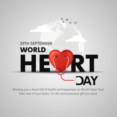 World heart day concept. Abstract blue geometric background.World map with human heart and stethoscope. Creative  blue 3d graphic. Illustration. clipart