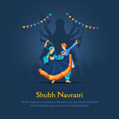 Hindistan 'ın Navratri Dussehra festivali için Garba Gece posteri. Dandiya dansı yapan insanların resimli tasarımı.