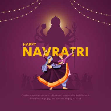 Hindistan Navratri Dussehra Festivali 'nin Garba Night Diwali posteri. Dandiya dansı yapan insanların resimli tasarımı.