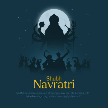 Navratri Dussehra festivali için Garba Gece posteri. Dandiya dansı yapan insanların Hindistan illüstrasyon tasarımı..