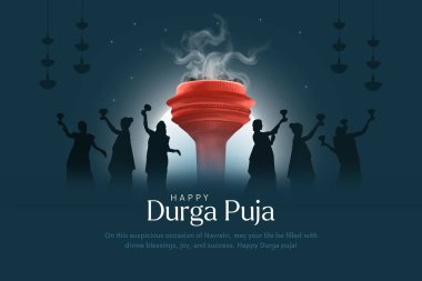 Hint Tanrısı Mutlu Durga Puja Subh Navratri. Düzenlenebilir vektör çizimi. Dhanuchi naach.
