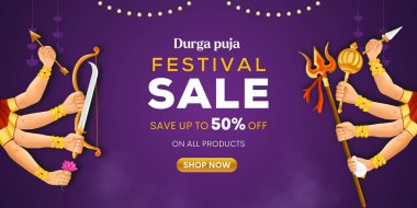 Durga puja festivalinin mutlu bayrak tasarımı Navaratri satış afiş tasarımı Durga maa el illüstrasyonu