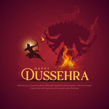 Mutlu Dussehra Vektör Tasarımı. Lord Rama, Ravana 'yı Dussehra, Vijayadashami' de öldürüyor. Dussehra Poster Tasarım Vektörü İllüstrasyonu. Hindistan Festivali.