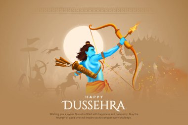 Mutlu Dussehra Vektör Tasarımı. Lord Rama, Ravana 'yı Dussehra, Vijayadashami' de öldürüyor. Dussehra Poster Tasarım Vektörü İllüstrasyonu. Hindistan Festivali.