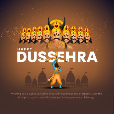 Mutlu Dussehra Vektör Tasarımı. Lord Rama, Ravana 'yı Dussehra, Vijayadashami' de öldürüyor. Dussehra Poster Tasarımı Çizimi. Hindistan Festivali.