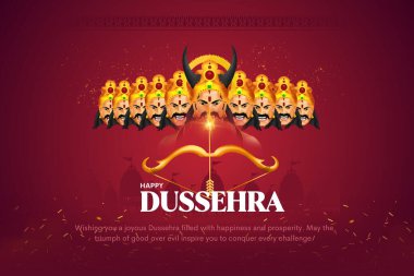 Mutlu Dussehra Vektör Tasarımı. Lord Rama, Ravana 'yı Dussehra, Vijayadashami' de öldürüyor. Dussehra Poster Tasarımı Çizimi. Hindistan Festivali.