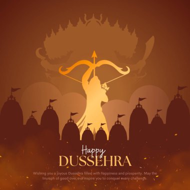 Mutlu Dussehra Vektör Tasarımı. Lord Rama, Ravana 'yı Dussehra, Vijayadashami' de öldürüyor. Dussehra Poster Tasarım Vektörü İllüstrasyonu. Hindistan Festivali.