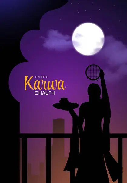 stock image Karwa Chauth is a significant Hindu festival primarily observed by married women in India. Concept with women holding chalni in balcony in front of full moon.