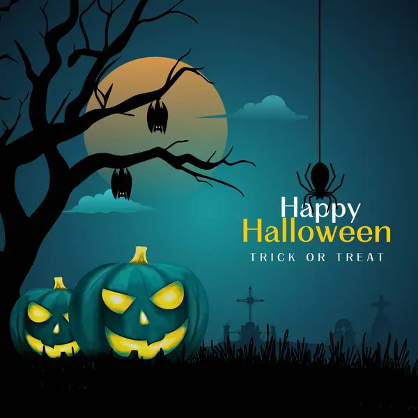 stock image Happy Halloween text design, ghost, flying bat pumpkins, candle, moonnight, banner design on background with moon.