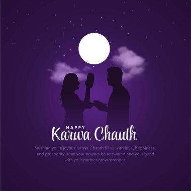 Karwa Chauth 'un Vektör Illustration tasarımı. Hint Hindu festivali Ay puja tapınması. Yaratıcı gece gökyüzü arkaplanı.