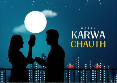 Karwa Chauth 'un Vektör Illustration tasarımı. Hint Hindu festivali Ay puja tapınması. Yaratıcı gece gökyüzü arkaplanı.