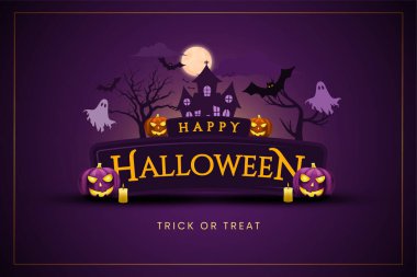 Cadılar Bayramı kartında hayaletler, balkabakları ve şato var. 