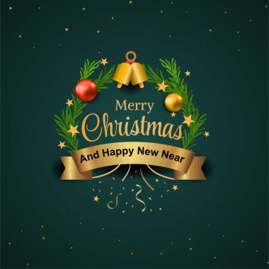 Noel süsleme sınırı, köknar dalları, altın parıltılı konfeti ve kırmızı ve yeşil arka planda parıldayan ışıklar. Parlak Noel ve Yeni Yıl tasarımı tatil çerçevesi. Vektör çizimi. Yılbaşı kartı, geçmiş.