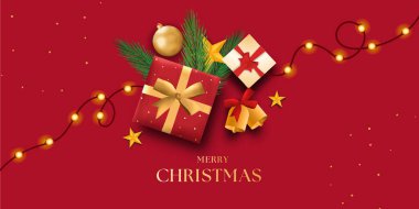 Noel süsleme sınırı, köknar dalları, altın parıltılı konfeti ve kırmızı ve yeşil arka planda parıldayan ışıklar. Parlak Noel ve Yeni Yıl tasarımı tatil çerçevesi. Vektör çizimi. Yılbaşı kartı, geçmiş.