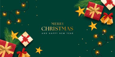 Noel süsleme sınırı, köknar dalları, altın parıltılı konfeti ve kırmızı ve yeşil arka planda parıldayan ışıklar. Parlak Noel ve Yeni Yıl tasarımı tatil çerçevesi. Vektör çizimi. Yılbaşı kartı, geçmiş.