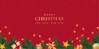 Noel süsleme sınırı, köknar dalları, altın parıltılı konfeti ve kırmızı ve yeşil arka planda parıldayan ışıklar. Parlak Noel ve Yeni Yıl tasarımı tatil çerçevesi. Vektör çizimi. Yılbaşı kartı, geçmiş.