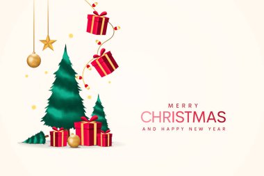 Noel süsleme sınırı, köknar dalları, altın parıltılı konfeti ve kırmızı ve yeşil arka planda parıldayan ışıklar. Parlak Noel ve Yeni Yıl tasarımı tatil çerçevesi. Vektör çizimi. Yılbaşı kartı, geçmiş.