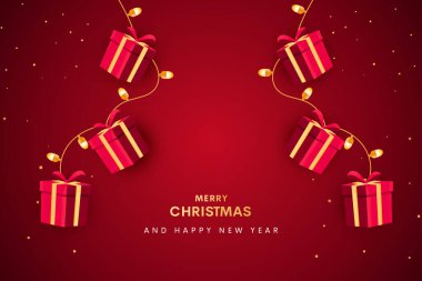 Noel süsleme sınırı, köknar dalları, altın parıltılı konfeti ve kırmızı ve yeşil arka planda parıldayan ışıklar. Parlak Noel ve Yeni Yıl tasarımı tatil çerçevesi. Vektör çizimi. Yılbaşı kartı, geçmiş.