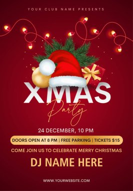 Noel süsleme sınırı, köknar dalları, altın parıltılı konfeti ve kırmızı ve yeşil arka planda parıldayan ışıklar. Parlak Noel ve Yeni Yıl tasarımı tatil çerçevesi. Vektör çizimi. Yılbaşı kartı, geçmiş.