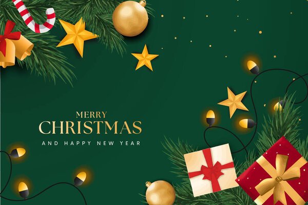 Рождественские украшения границы с еловыми ветвями и золотыми блестками конфетти и блески огней размыть боке на красном и зеленом фоне. Яркая рождественская и новогодняя рамка. Векторная иллюстрация. Рождественская открытка, фон.