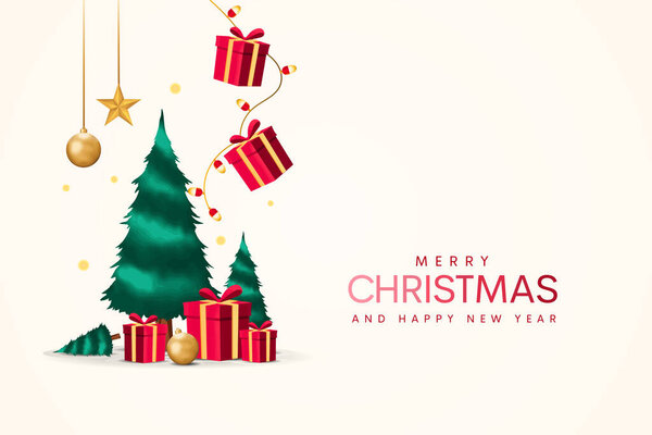 Рождественские украшения границы с еловыми ветвями и золотыми блестками конфетти и блески огней размыть боке на красном и зеленом фоне. Яркая рождественская и новогодняя рамка. Векторная иллюстрация. Рождественская открытка, фон.