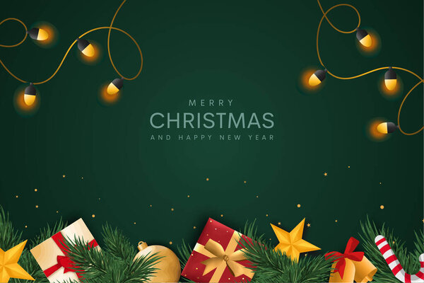 Рождественские украшения границы с еловыми ветвями и золотыми блестками конфетти и блески огней размыть боке на красном и зеленом фоне. Яркая рождественская и новогодняя рамка. Векторная иллюстрация. Рождественская открытка, фон.