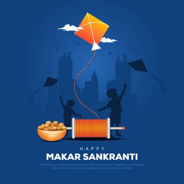 Mutlu Makar Sankranti bayram Hindistan festivalinin yaratıcı temsili. Silüet çocuklar ve ailelerin ev terasında eğlenmesi konsepti. Uçan renkli uçurtmalarla.