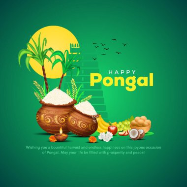 Tamil Nadu Güney Hindistan 'ın Mutlu Pongal Tatil Hasat Festivali' nin resmi. Geleneksel süslü inek konsepti. Pongal çamur tenceresi, şeker kamışı, festival geçmişi, güneş.