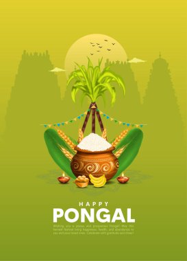 Tamil Nadu festival Happy Pongal with Pongal props, holiday Background, pongal celebration greeting card, vector illustration design. concept with traditional decorated cow, mud pot, suger cane clipart